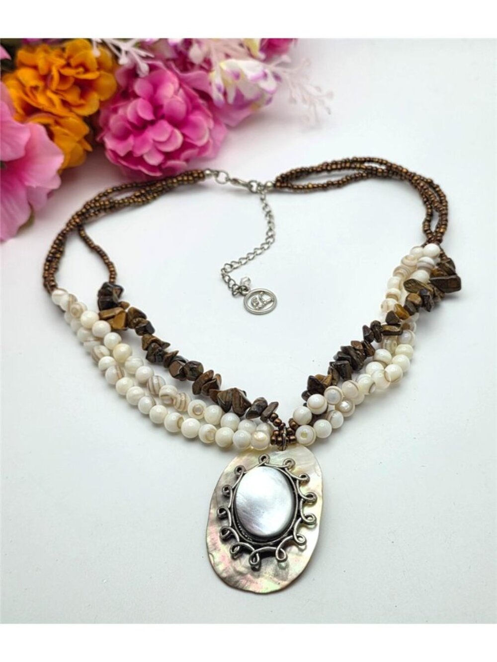 Erica Lyons MOP Pendant Necklace Tigers Eye Multi Strand 20" Boho